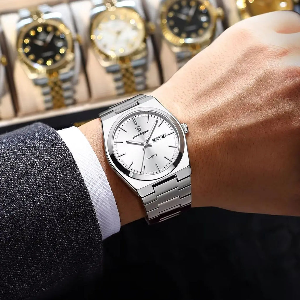 POEDAGAR Business Men Wristwatch Waterproof Stainless Steel Luminous Man Watch Date Week Fashion Quartz Men's Watches Male Reloj