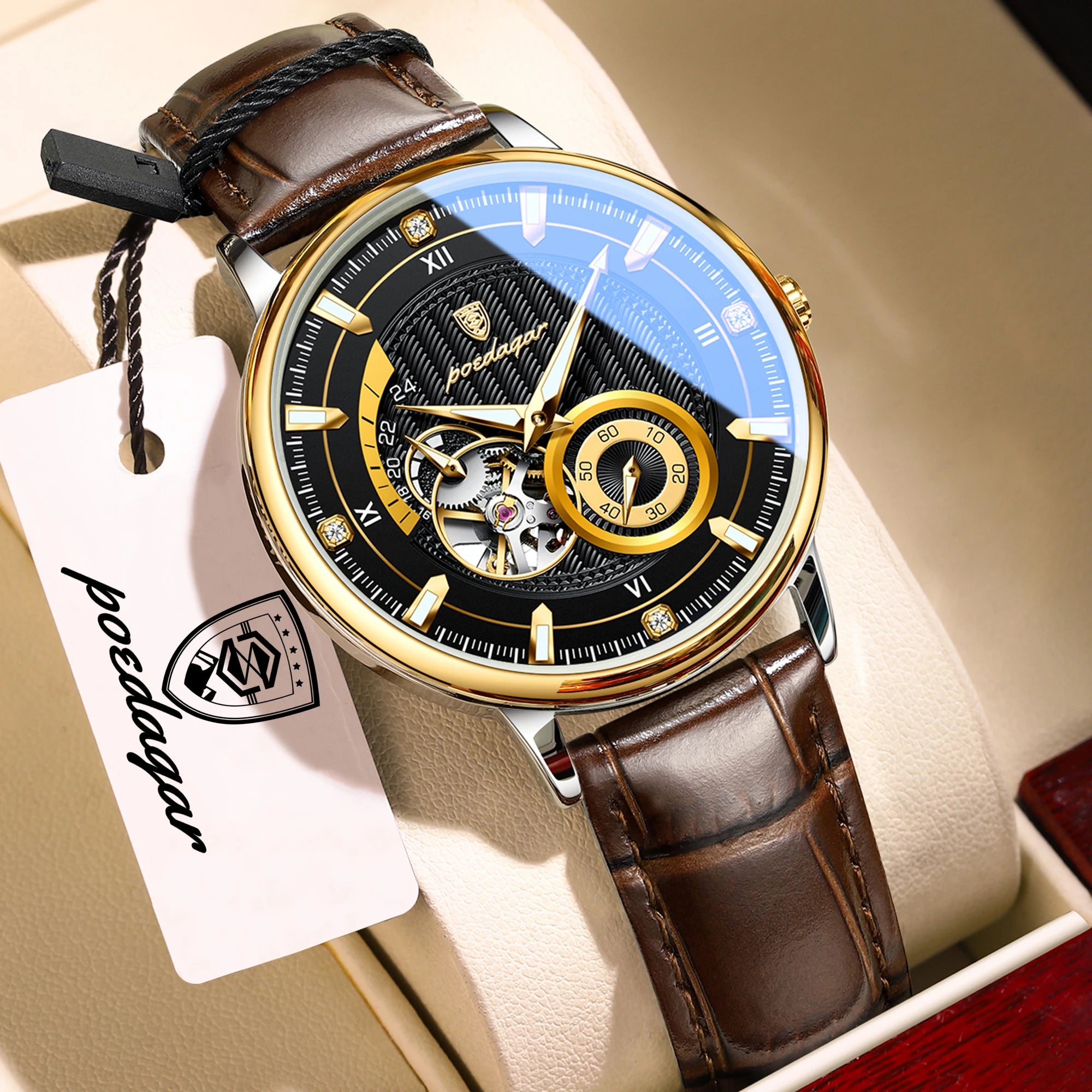 POEDAGAR Business Men Watch Waterproof Luminous Hollow Tourbillon Leather Male Clock Fashion Automatic Mechanical Men's Watches