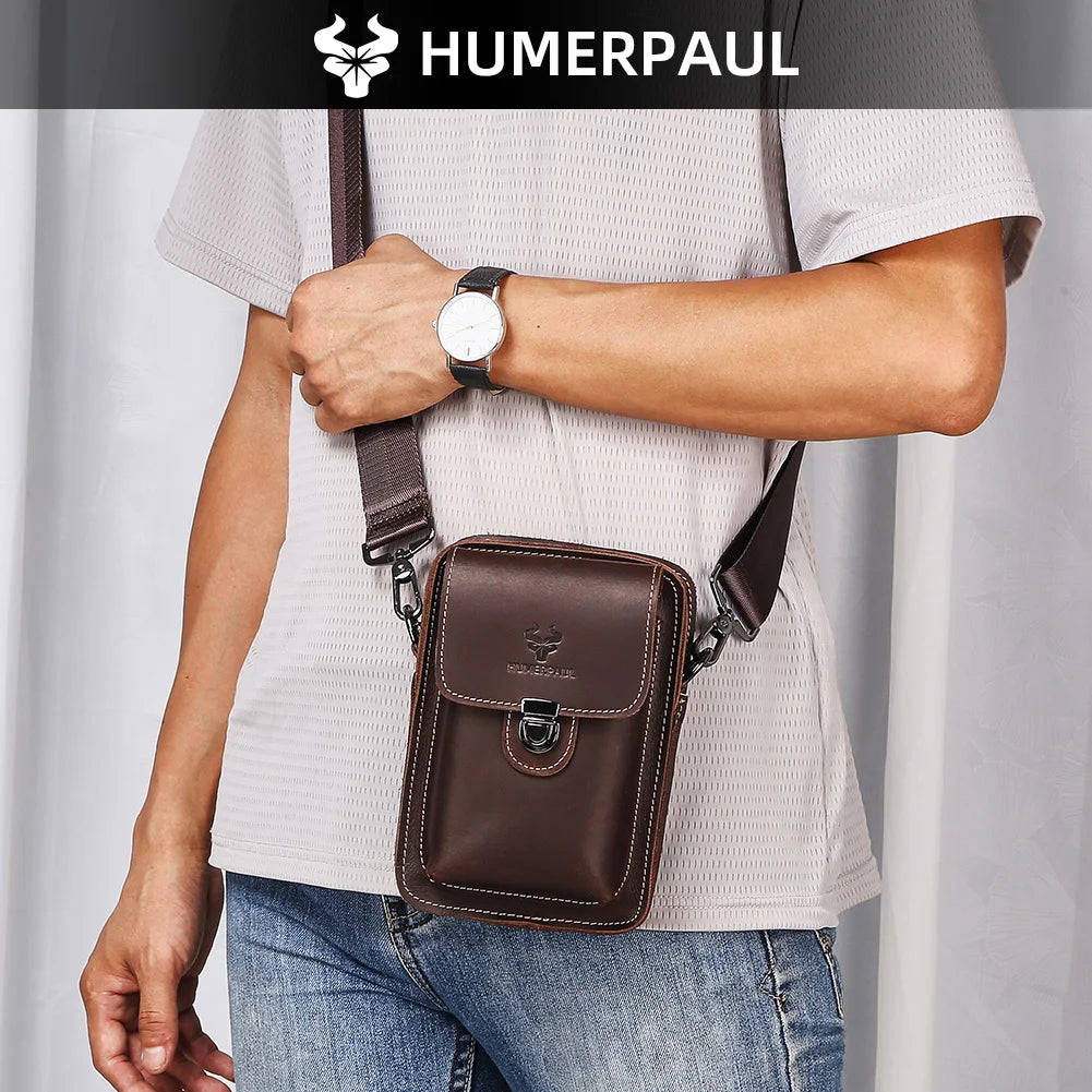 Crazy Horse Leather Waist Bag for Men — Multifunctional Phone Pouch & Shoulder Pack