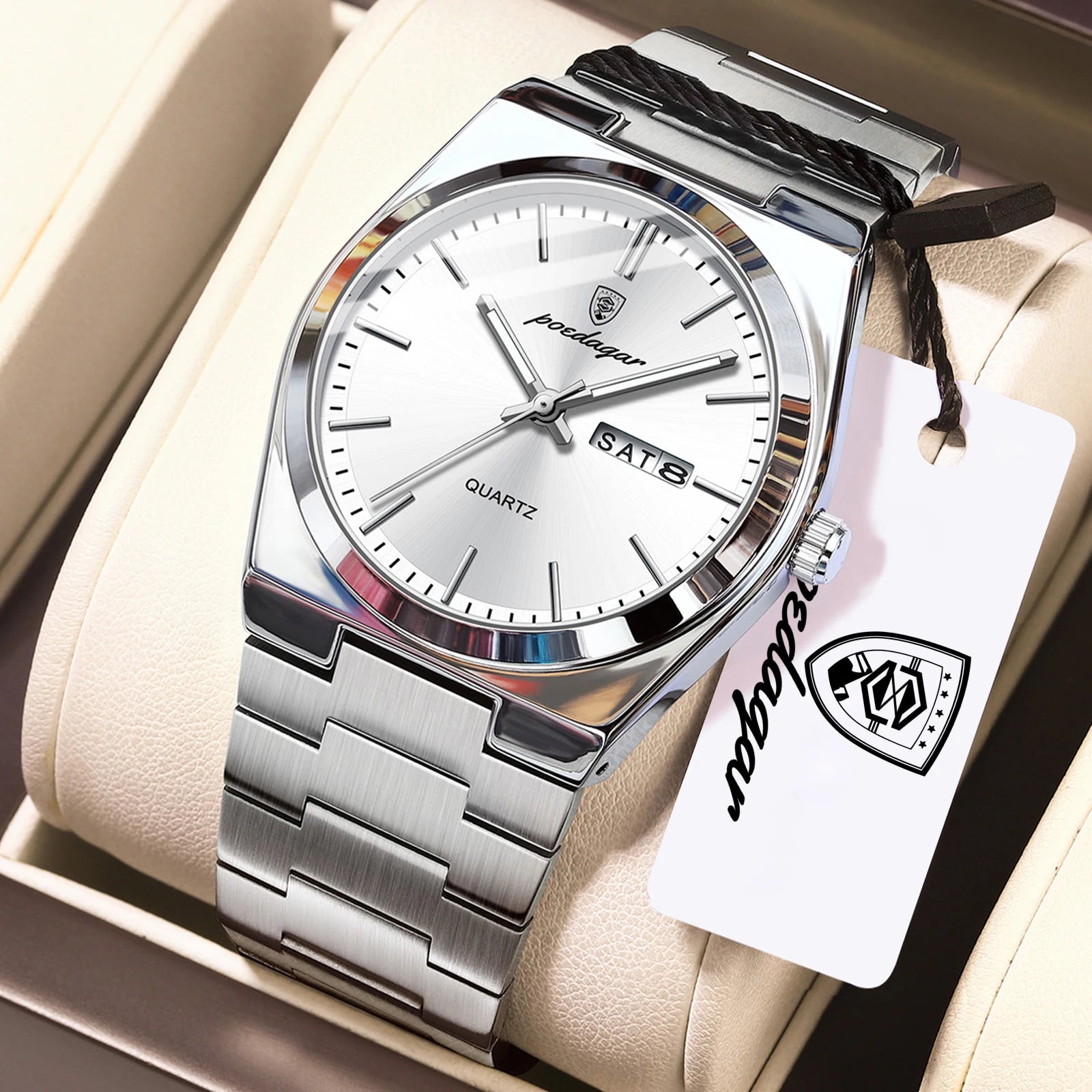 POEDAGAR Business Men Wristwatch Waterproof Stainless Steel Luminous Man Watch Date Week Fashion Quartz Men's Watches Male Reloj