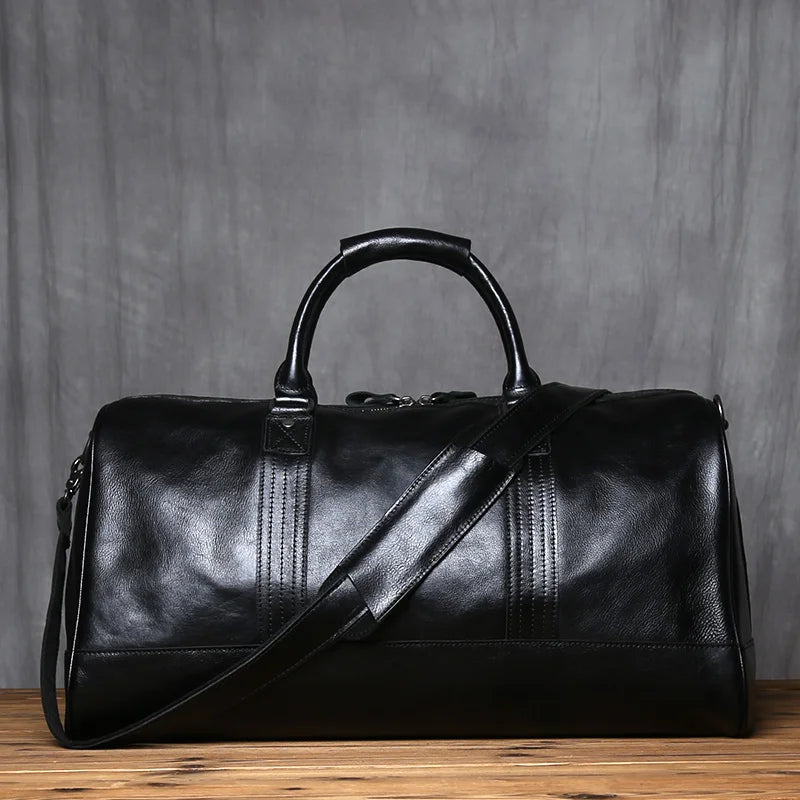 Men's Genuine Leather Travel Duffle Bag – Large Capacity Natural Cowhide, 16" Laptop, Weekend Bag