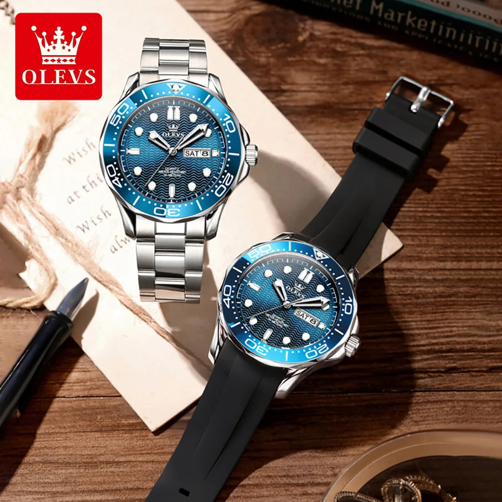 OLEVS Luxury Man Watch Fashion Rotation Bezel Diving Series Original Quartz Wrist Watch for Men Dual Calendar Waterproof Watches