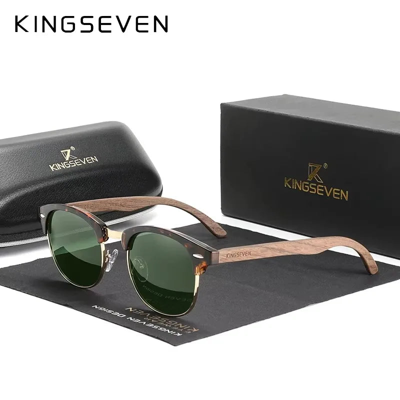 KINGSEVEN Vintage Round Wood Sunglasses – Polarised UV400
