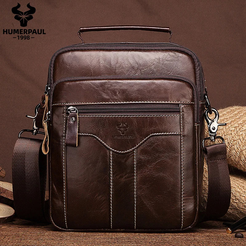 Genuine Cowhide Leather Shoulder Bag for Men — Large Capacity iPad Messenger