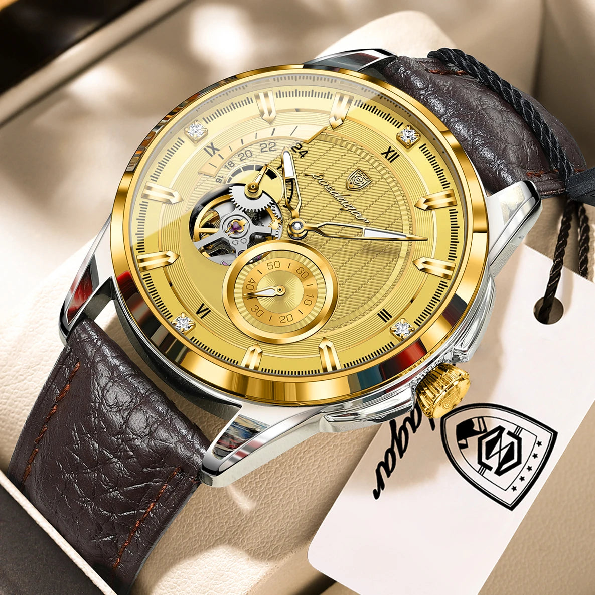 POEDAGAR High Quality Luxury Men Watch Fashion Hollow Tourbillon Man Clock Automatic Mechanical Leather Men's Watches Male Reloj