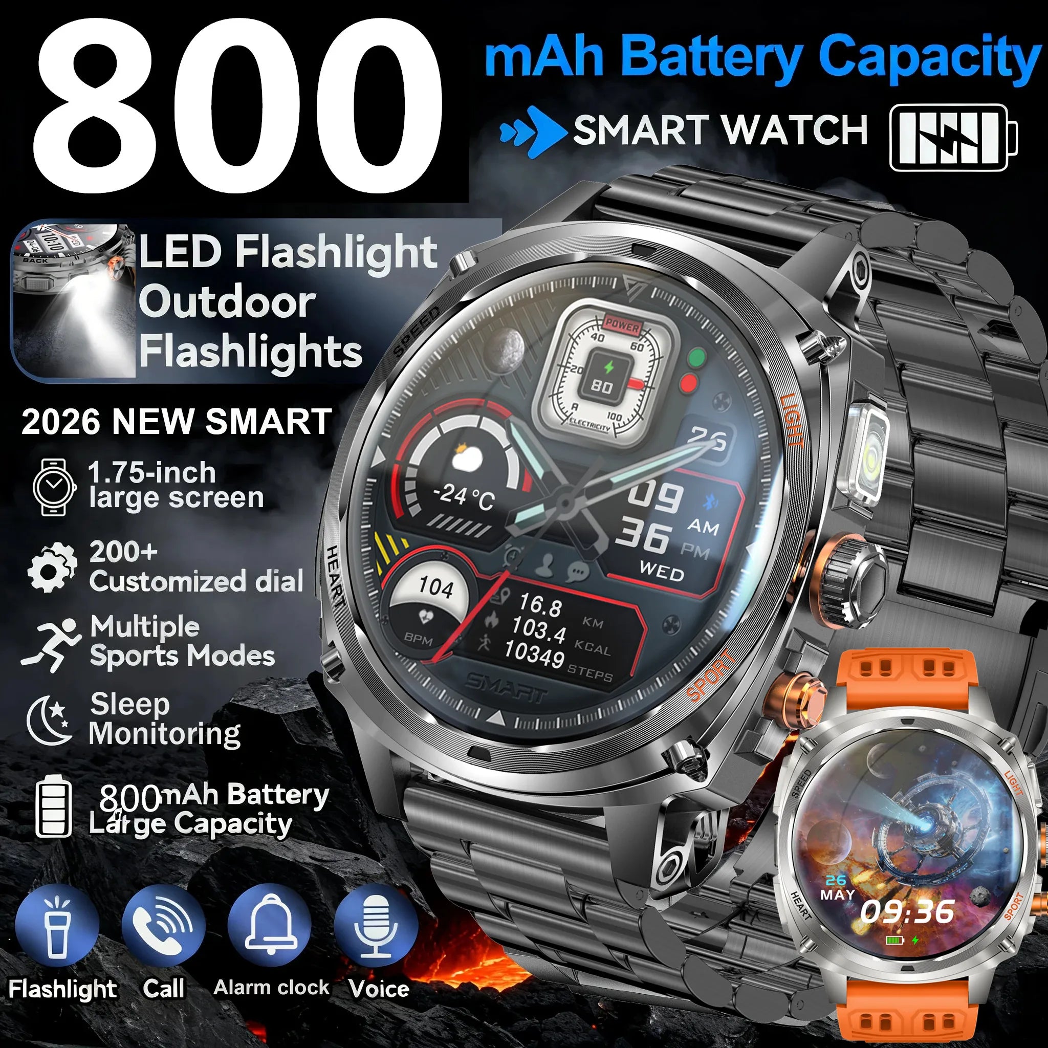 New 800mAh Battery Smart Watch Men's 1.75 inch Outdoor Sports IP68 Waterproof Watches BT Calling with LED Flashlight Smartwatch