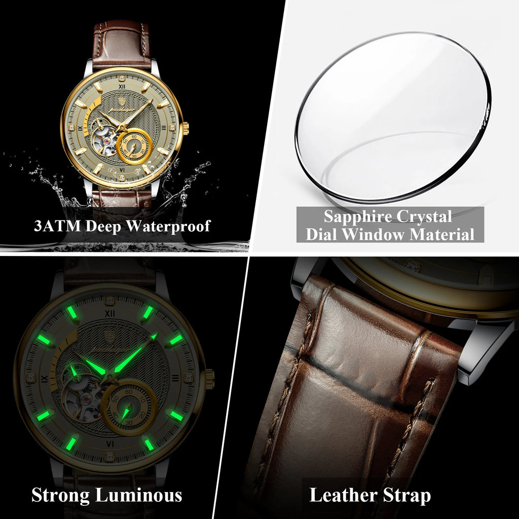 POEDAGAR Business Men Watch Waterproof Luminous Hollow Tourbillon Leather Male Clock Fashion Automatic Mechanical Men's Watches