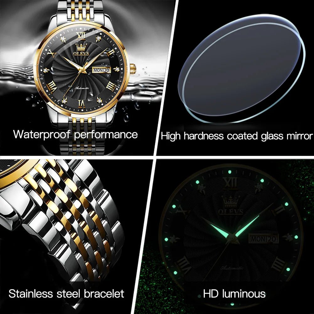 OLEVS Watch for Men 100% Original Automatic Mechanical Man Watches Steel Strap Waterproof Wristwatches Men's Luxury Brand Watch