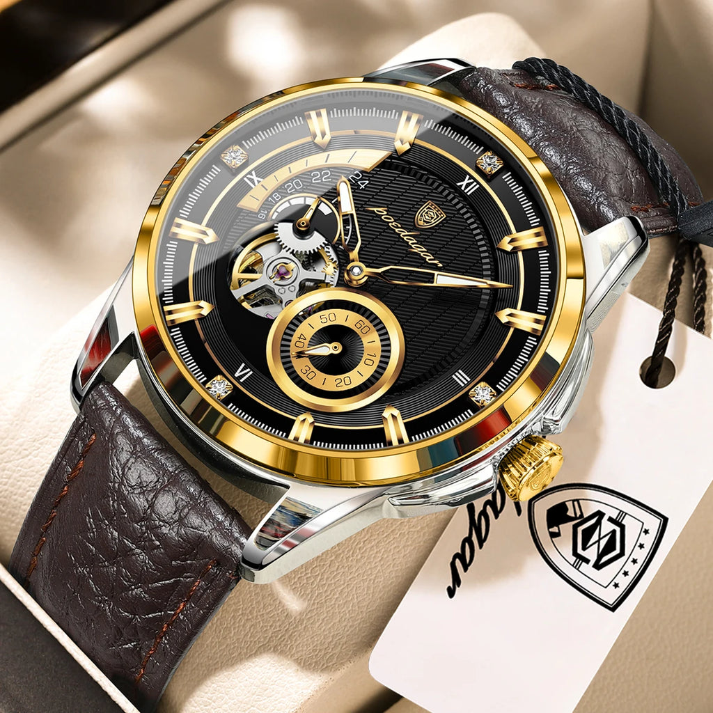 POEDAGAR High Quality Luxury Men Watch Fashion Hollow Tourbillon Man Clock Automatic Mechanical Leather Men's Watches Male Reloj