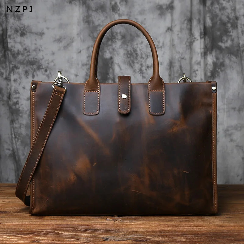 Men's Crazy Horse Leather Briefcase – Satchel Style, Embroidery Detail, 15" Laptop