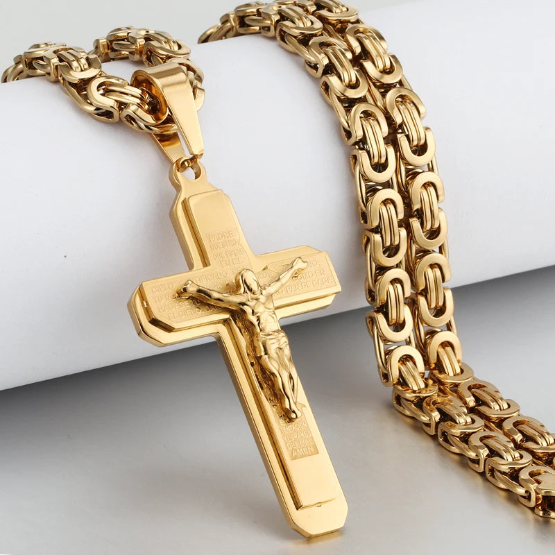 Men's Heavy Crucifix Cross Pendant Necklace – Stainless Steel Byzantine Chain