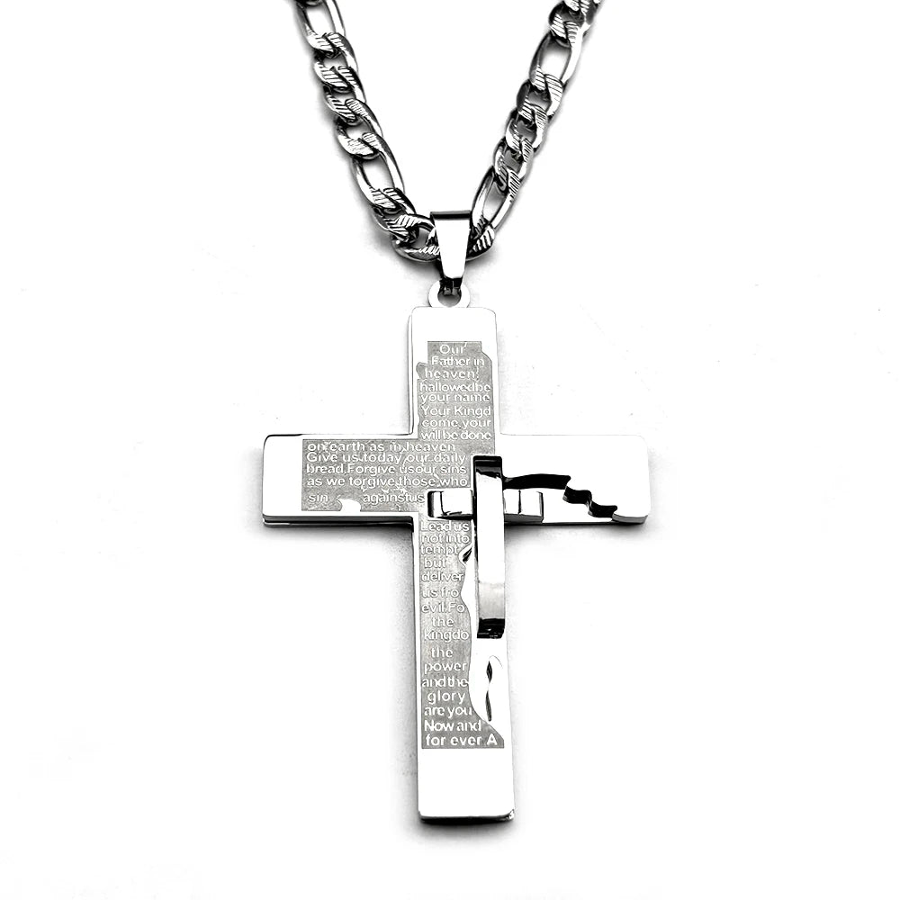 Christian English Bible Cross Pendant Chain Necklace for Women Men Stainless Steel Gold Color Punk Necklace Amulet Jewelry Gift