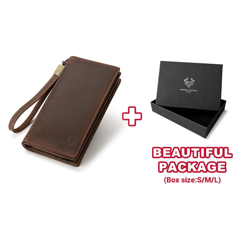 Genuine Leather Long Wallet for Men — RFID Blocking with Phone Pocket & Card Slots