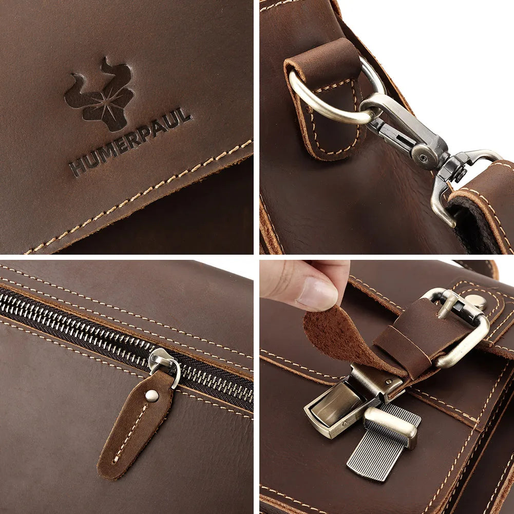 Crazy Horse Leather Messenger Bag for Men — Vintage Large Capacity Crossbody & Business Briefcase