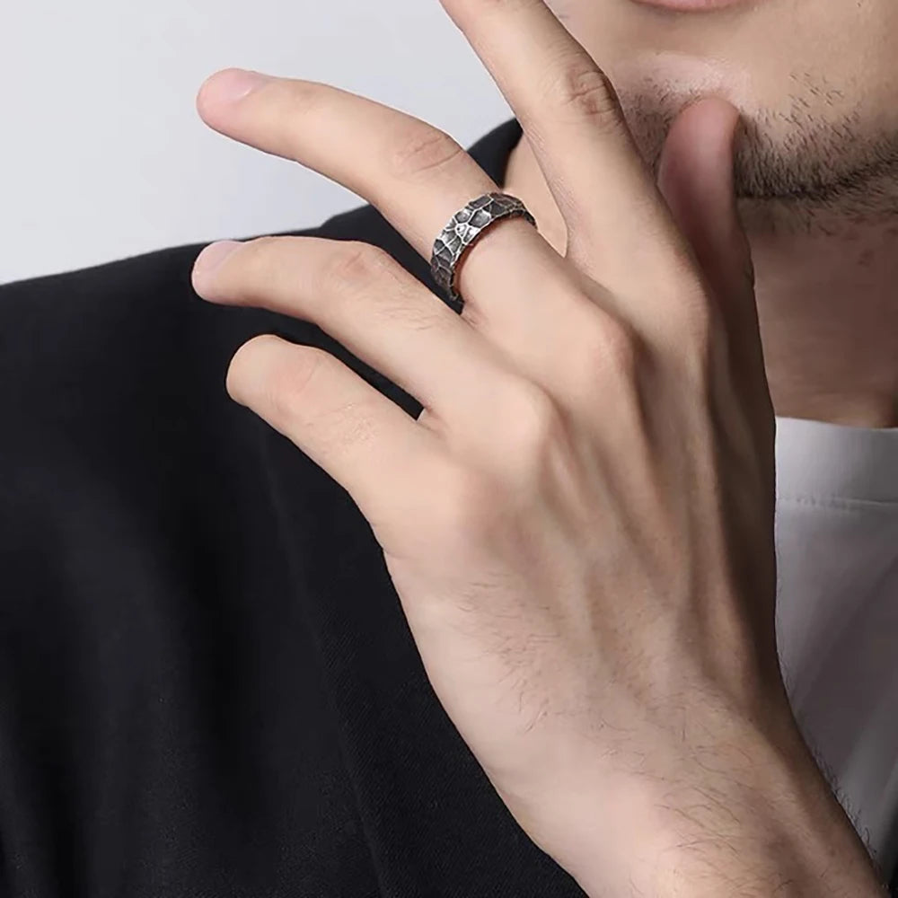 Real 925 Sterling Silver Mens Rings Open Type Hammer Pattern Retro Punk Viking Jewelry Resizable