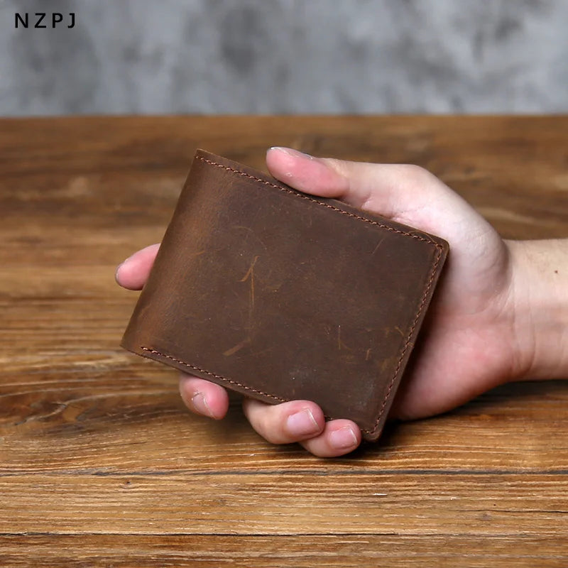 Men's Crazy Horse Leather Wallet – Slim Bifold, Top-Layer Cowhide, 6 Card Slots