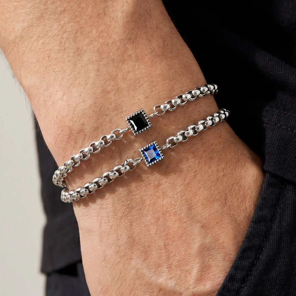 Men's Zircon Charm Bracelet, 4mm Square Chain Stainless Steel Bracelets, Fashion Waterproof Jewelry Gift for Men
