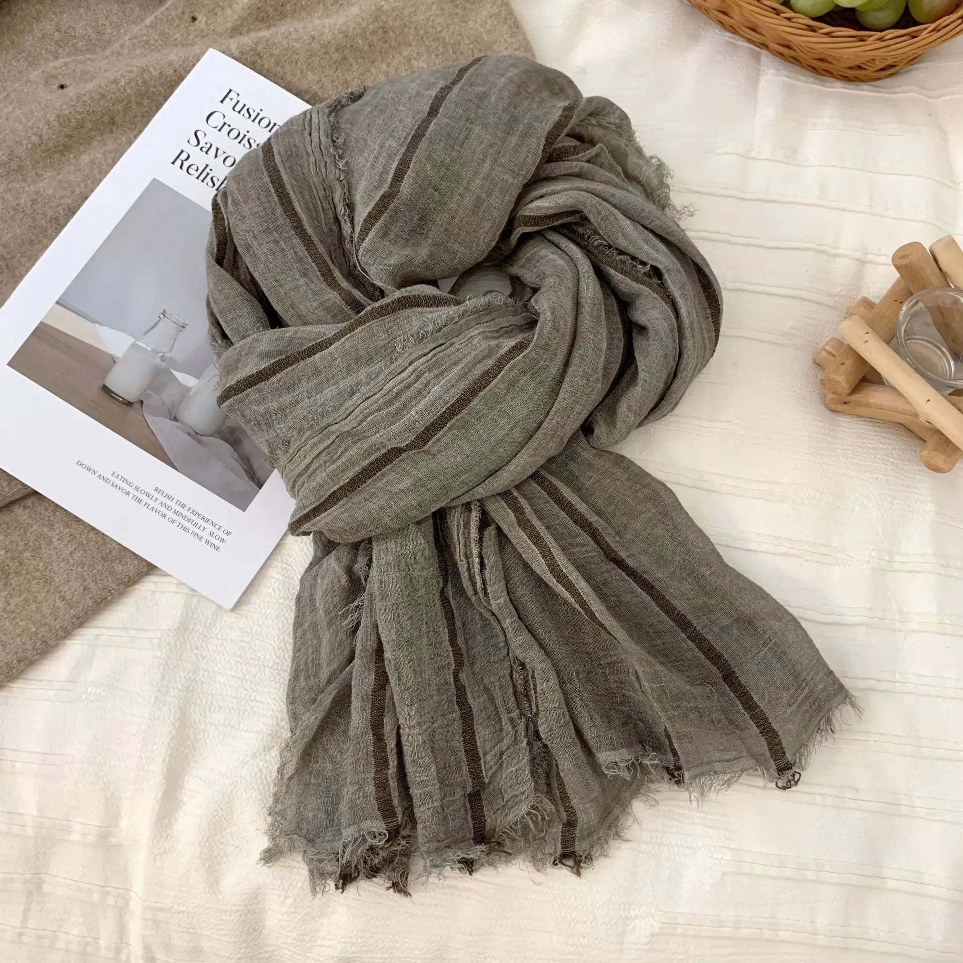 Cotton Linen Striped Scarf – Oversized 200cm, Neutral Tones
