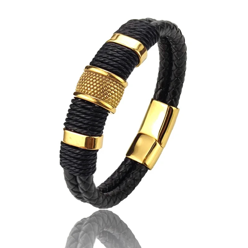 Men's Vintage Multilayer Leather Bracelet – Stainless Steel Bead Bangle