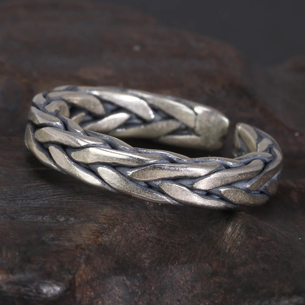 S925 Sterling Silver Braided Viking Ring — Adjustable Band