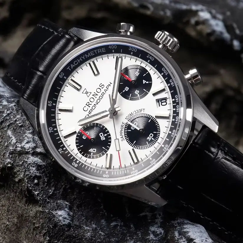 CRONOS Men Chronograph Watch 38.5mm Panda Quartz Wristwatch Sapphire Mirror 10Bar Waterproof BGW-9 Luminous Miyota 6S20