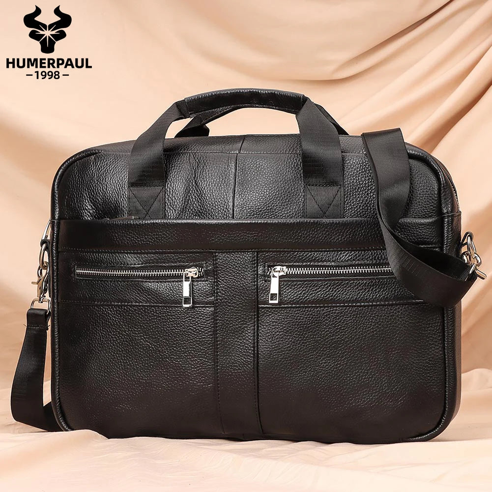 HUMERPAUL Genuine Leather Briefcase | 14" Laptop Shoulder & Messenger Bag