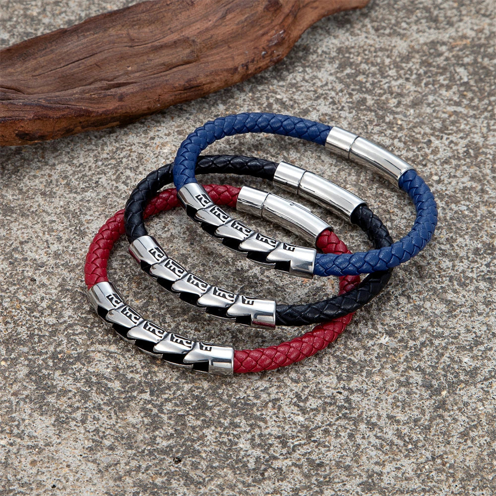 Handmade Black/Red/Blue 6mm Leather Anchor Bracelet Men Women Stainless Steel Braided Leather Rope Wristband Vintage Couple Gift