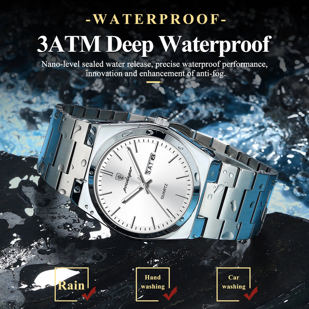 POEDAGAR Business Men Wristwatch Waterproof Stainless Steel Luminous Man Watch Date Week Fashion Quartz Men's Watches Male Reloj