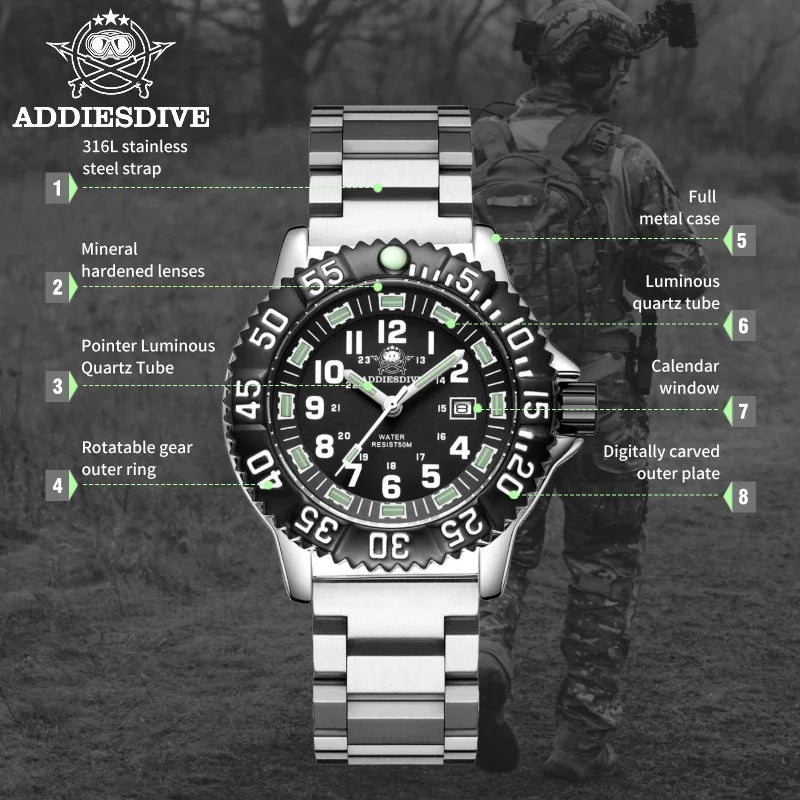 ADDIESDIVE MY-050S Sport Quartz Watch | Luminous | 50M Water Resistant | Nylon & Steel Strap