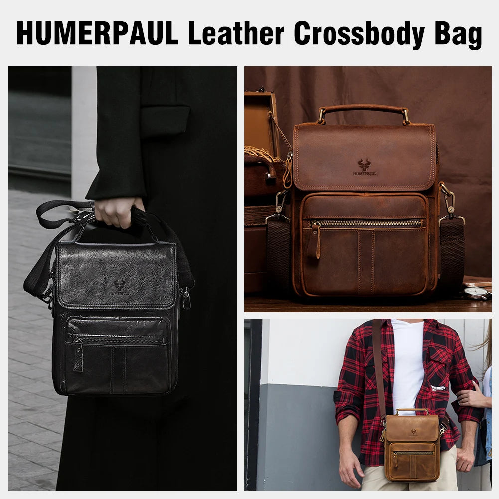 Genuine Leather Business Shoulder Bag for Men — Vintage Crossbody Messenger with Adjustable Strap