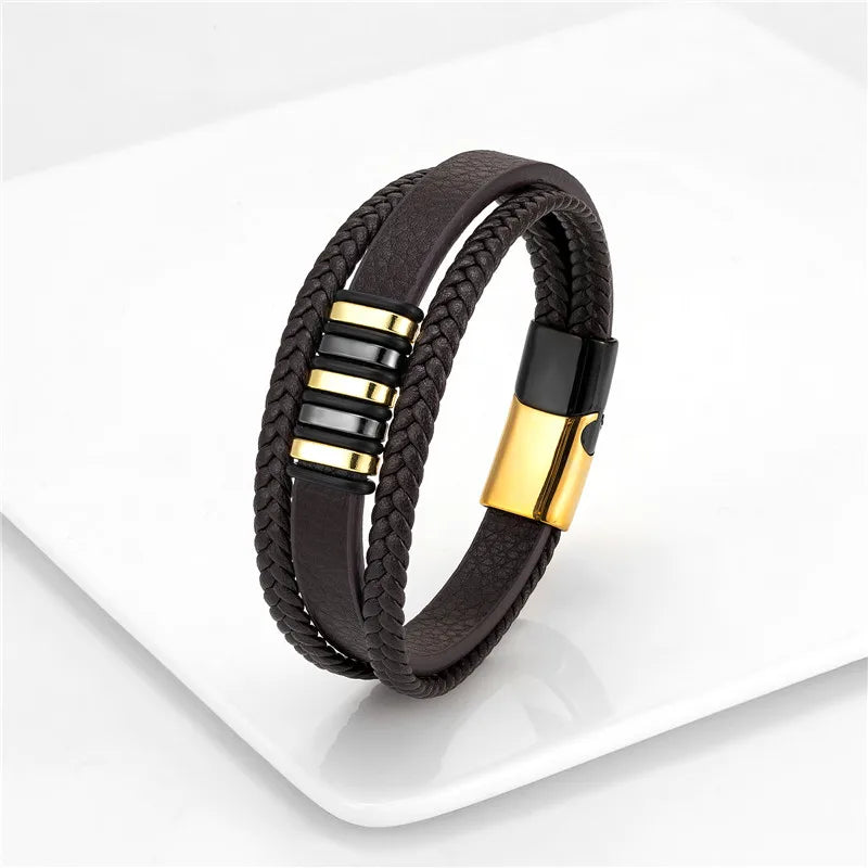 Men's Multilayer Woven Leather Bracelet – 316L Stainless Steel Magnetic Clasp