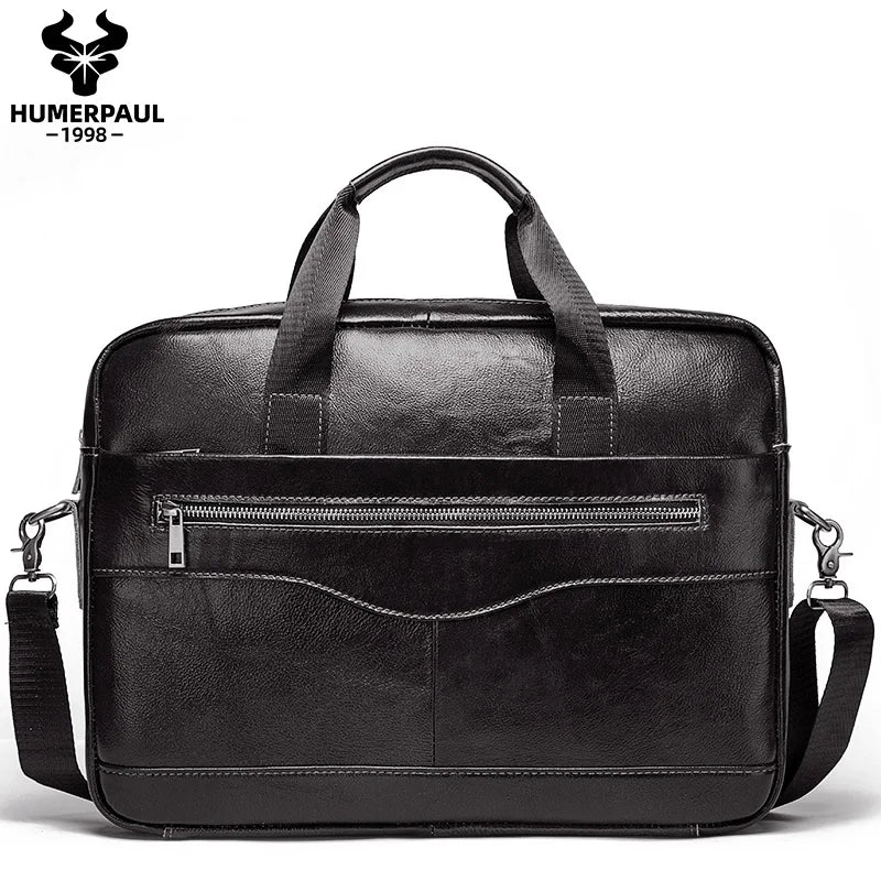 Genuine Leather Briefcase for Men — Portable Office Laptop & Messenger Shoulder Bag