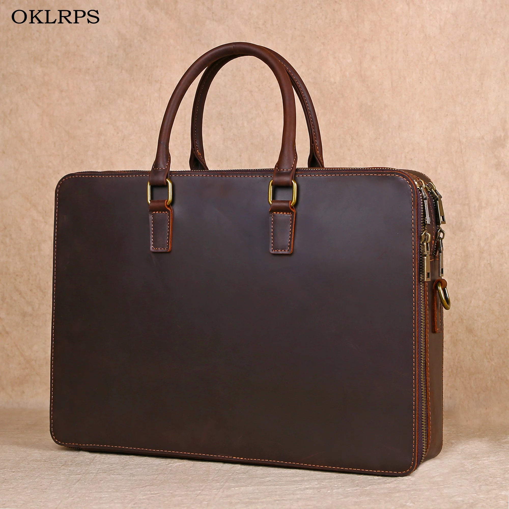 OKLRPS Crazy Horse Leather Briefcase | First-Layer Cowhide, Fits 16" Laptop