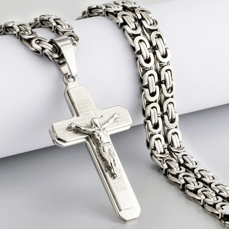 Men's Heavy Crucifix Cross Pendant Necklace – Stainless Steel Byzantine Chain