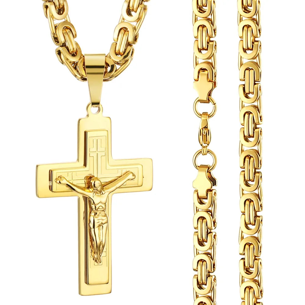 Diyalo Men's Stainless Steel Jesus Christ Holy Crucifix Cross Pendants Necklaces Orthodox Long Chain Necklaces Boys Jewelry