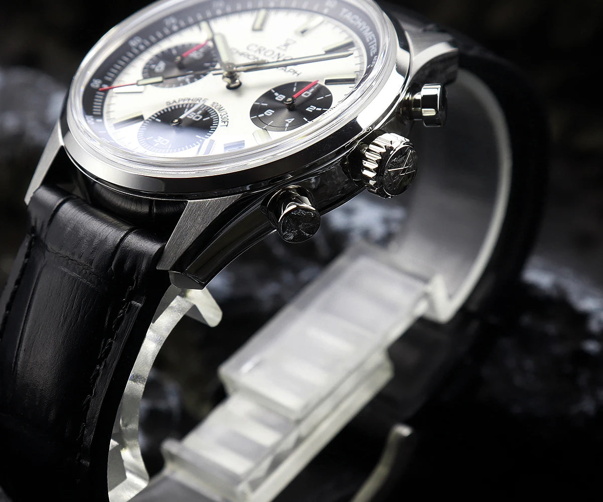 CRONOS Men Chronograph Watch 38.5mm Panda Quartz Wristwatch Sapphire Mirror 10Bar Waterproof BGW-9 Luminous Miyota 6S20