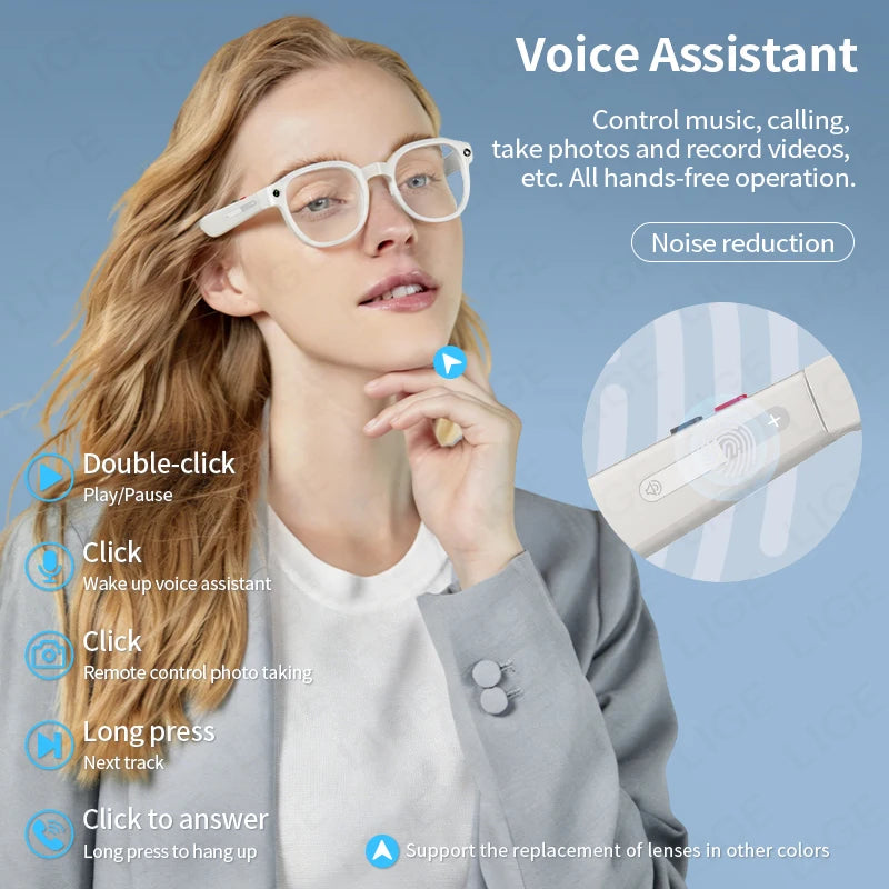 LIGE AI Smart Glasses – 1080P Camera, ChatGPT, AI Translation, 3 Lens Pairs, Fast Charge