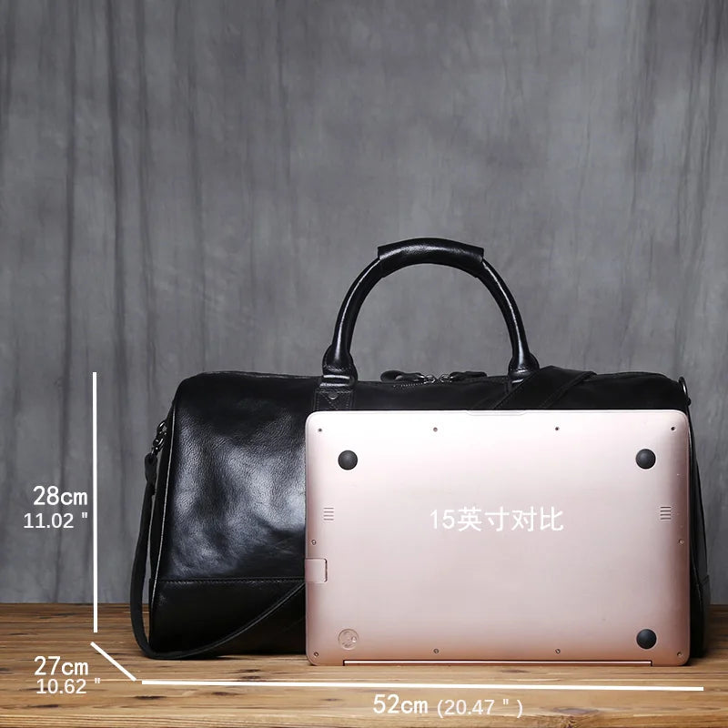 Men's Genuine Leather Travel Duffle Bag – Large Capacity Natural Cowhide, 16" Laptop, Weekend Bag