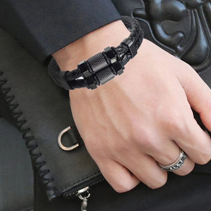 Fashion Luxury Stainless Steel Beaded Hexagon Bracelet Men's Jewelry Classic Multilayer Braided Leather Bracelet Homme Men Gift