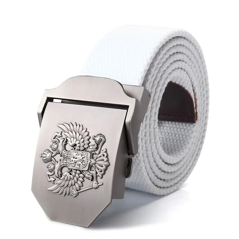 Men's Canvas Military Belt – Russian Emblem Silver Buckle