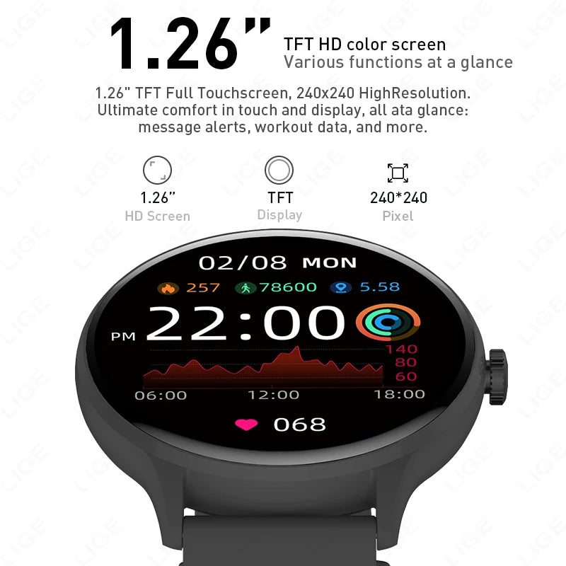 LIGE Smart Watch – 1.28" Round Display, Bluetooth Calling, Voice Assistant, IP67