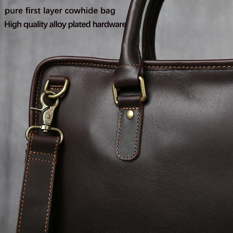 Men's Genuine Leather Briefcase – Slim Cowhide, Back iPad Pocket, Alloy Hardware, 14" Laptop