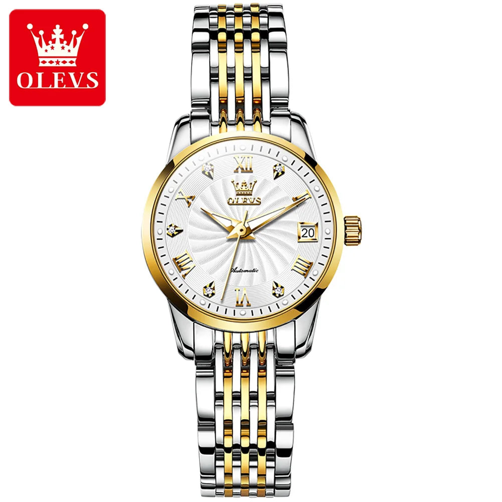 OLEVS 6630 Automatic Women's Watches Stainless Steel Waterproof Auto Date Luminous Ladies Watches Top Mechanical Watch for Women