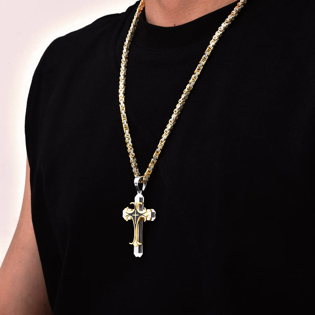 Mens Cross Pendant Necklace Sets,Two Tone Stainless Steel Byzantine Bracelets,Punk Jewelry Sets Gift to Husband Father Dad BBF