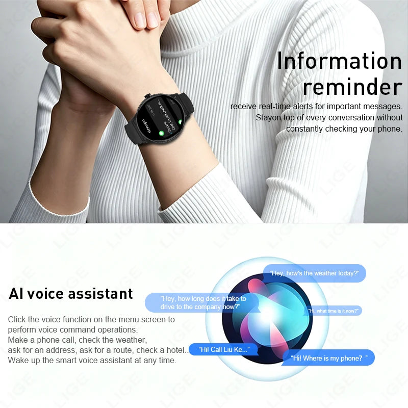 LIGE Smart Watch – 1.28" Round Display, Bluetooth Calling, Voice Assistant, IP67