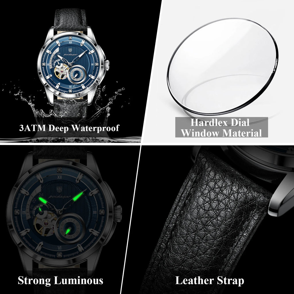 POEDAGAR High Quality Luxury Men Watch Fashion Hollow Tourbillon Man Clock Automatic Mechanical Leather Men's Watches Male Reloj