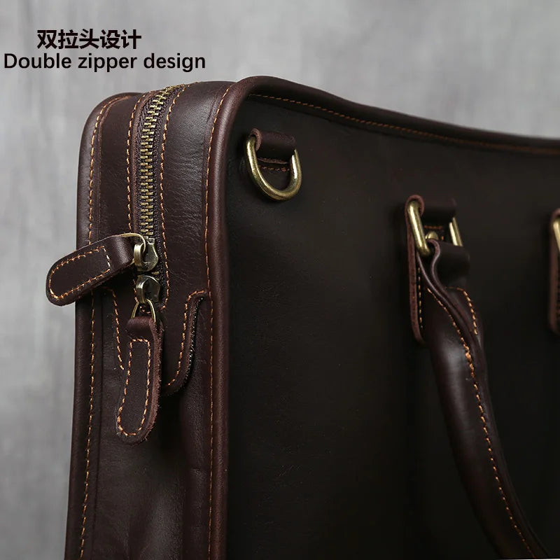 Men's Genuine Leather Briefcase – Slim Cowhide, Back iPad Pocket, Alloy Hardware, 14" Laptop