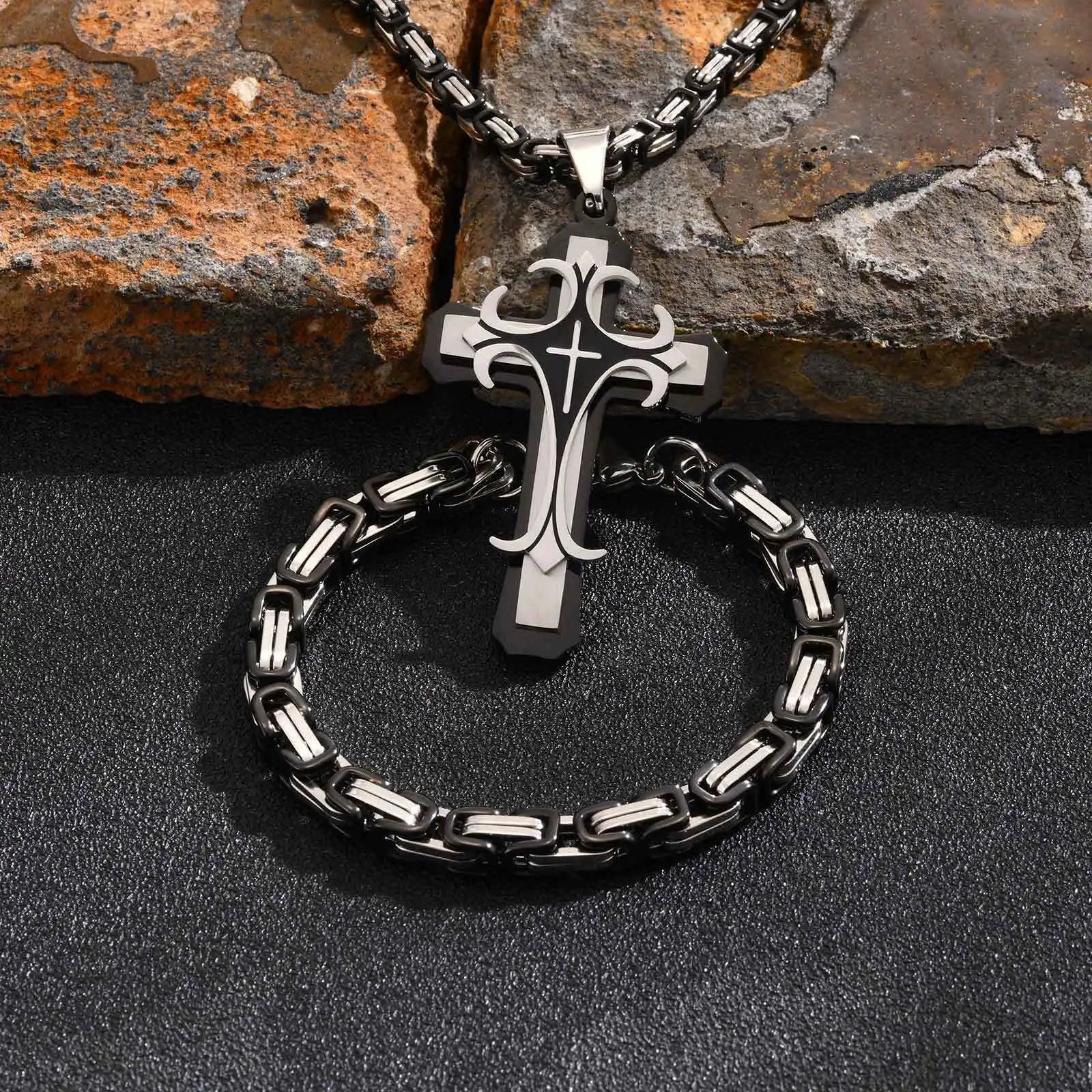 Mens Cross Pendant Necklace Sets,Two Tone Stainless Steel Byzantine Bracelets,Punk Jewelry Sets Gift to Husband Father Dad BBF
