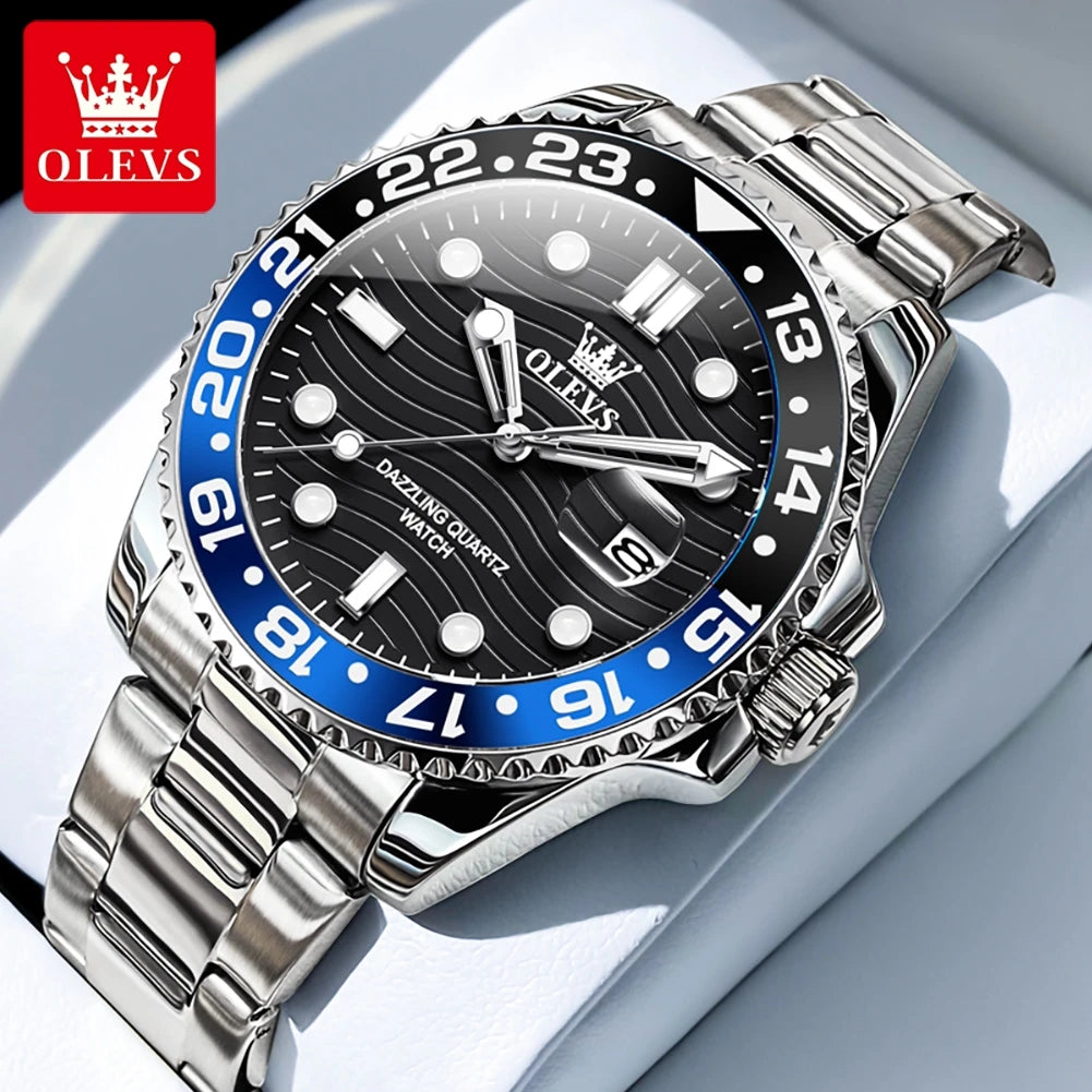 OLEVS New Quartz Watch for Men Stainlss Steel Strap Diving Series Colorful Bezel Fashion Luxury Brand Original Men's Wristwatch