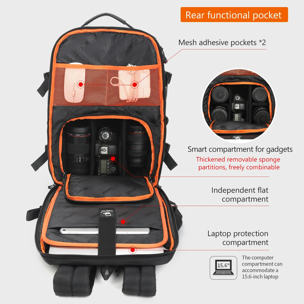 Tigernu Camera & Drone Backpack – 24L Nylon, 15.6" Laptop, External Suspension, Rain Cover